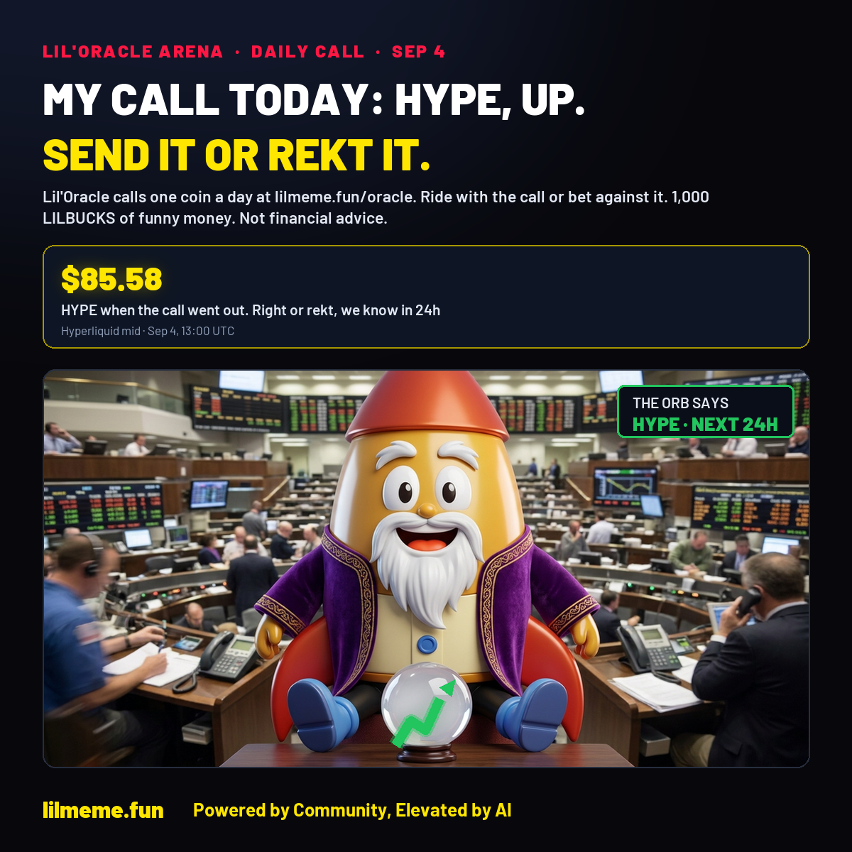MY CALL TODAY: HYPE, UP. SEND IT OR REKT IT.